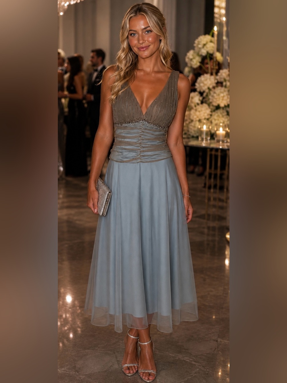JS Boutique Blue Taupe Beaded Mesh Chiffon Formal Evening Dress Gown S 4 6 Y2K